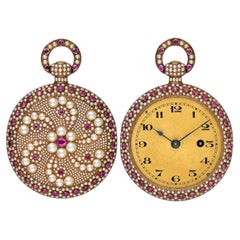 Swiss Pearl and Ruby Encrusted Gold Open Face Pocket Watch