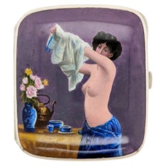 Early 20th-Century Enamelled Silver Cigarette Case with Semi-Nude Lady