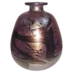 British Studio Art Glass Vase with Iridescent Gold and Black Swirls, Signed