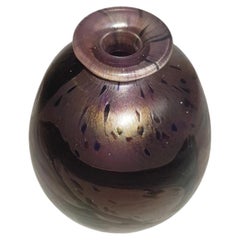 British Studio Art Glass Vase with Iridescent Gold and Black Swirls, Signed