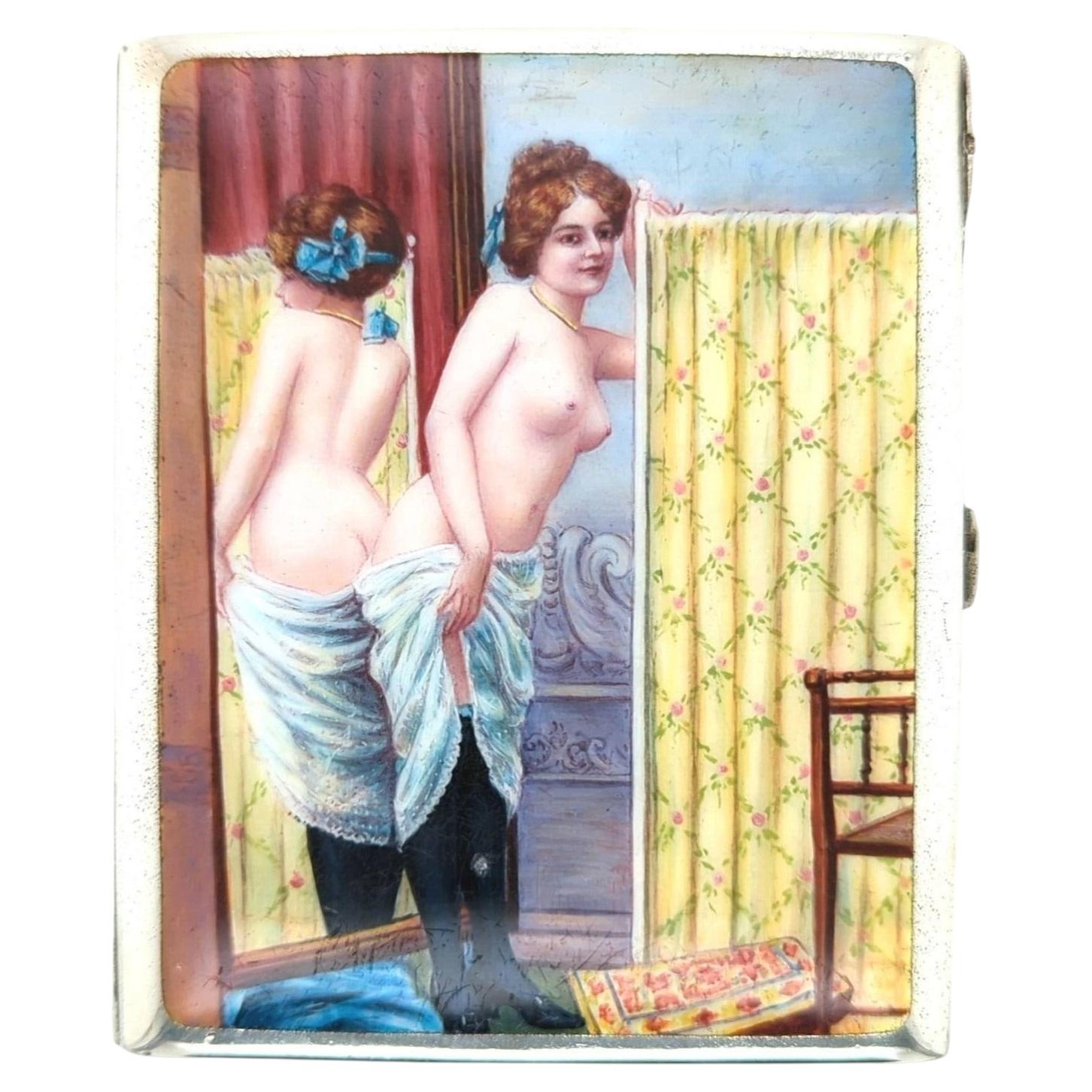 Continental 900 Silver and Enamel Cigarette Case with Erotic Boudoir Scene For Sale