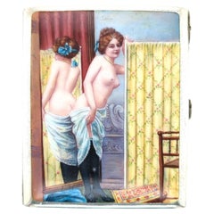 Continental 900 Silver and Enamel Cigarette Case with Erotic Boudoir Scene