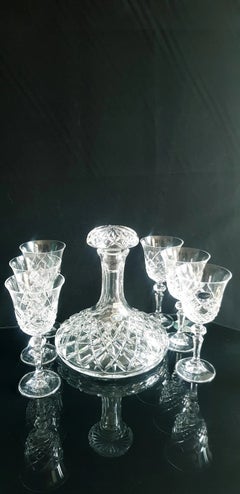 Bohemian Hand-Cut Lead Crystal Decanter and Six Wine Glasses Set