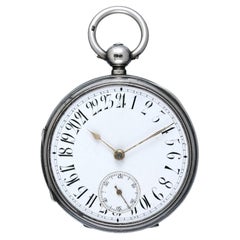 J H Royal Silver Open Face Fusee Pocket Watch with 24-Hour Dial