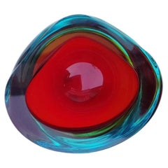 Mid Century Murano Sommerso Glass Geode Bowl in Red, Amber and Turquoise