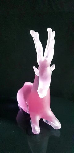 Mid Century Vintage Murano Frosted Amethyst Glass Deer Figurine with Label