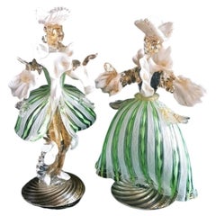 Mid Century Murano Zanfirico Glass Dancing Figures with Gold Inclusions, Pair