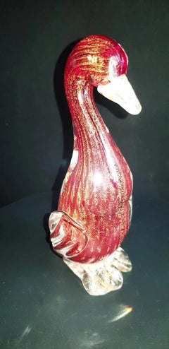Mid Century Murano Hand-Blown Ruby Red Art Glass Bird Figurine with Gold Foil