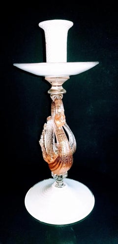 Gabbiani Signed Murano Art Glass Swan Candlestick with Gold Inclusions