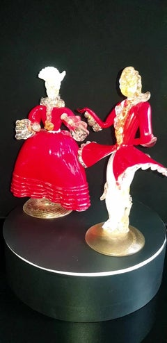Murano Glass Figurines of an 18th-Century Dancing Couple with Gold Leaf