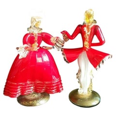 Murano Glass Figurines of an 18th-Century Dancing Couple with Gold Leaf