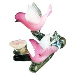 Attributed to Archimede Seguso Murano Pink Alabastro Glass Birds Figurine