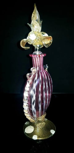 Murano Zanfirico Glass Scent Bottle Decanter with Gold Leaf Stopper