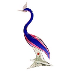 Large Mid Century Murano Sommerso Glass Bird Figurine in Cobalt Blue and Pink
