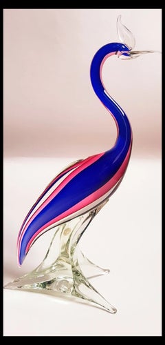 Large Mid Century Murano Sommerso Glass Bird Figurine in Cobalt Blue and Pink