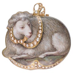 Swiss Gold, Polychrome Enamel and Pearl-Set Lamb Form Pocket Watch