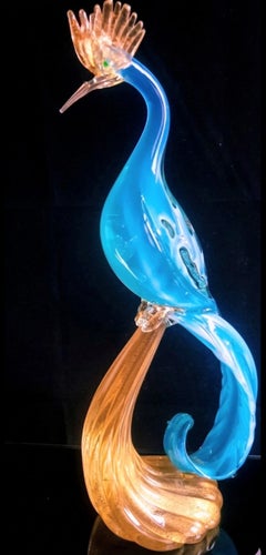 Alfredo Barbini for Weil Murano Blue Opaline & Gold Glass Paradise Bird Figurine