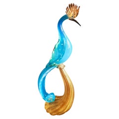 Alfredo Barbini for Weil Murano Blue Opaline & Gold Glass Paradise Bird Figurine