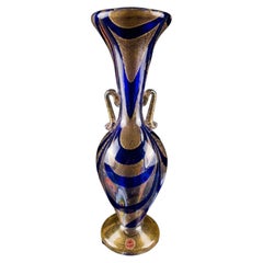Imperio Rossi Signed Murano Blue Glass Amphora Vase with Gold Leaf