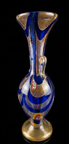 Imperio Rossi Signed Murano Blue Glass Amphora Vase with Gold Leaf