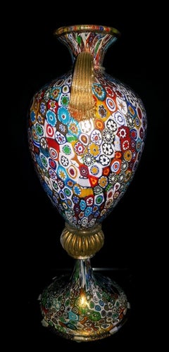 Gambaro & Poggi Murano Millefiori Glass Amphora Vase with Gold Leaf