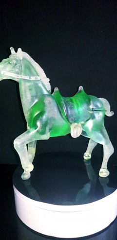 Pino Signoretto Murano Scavo Green Glass Tang-Style Horse Figurine