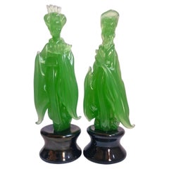 Ermanno Nason Murano Jade Green Glass Oriental Figures, Pair
