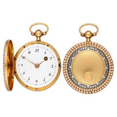 Swiss Pearl-Set Gold and Enamel Verge Hunter Pendant Watch