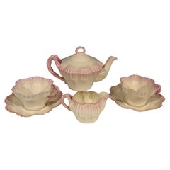 Antique Belleek Porcelain Shell Pattern Tea Service with Pink Rims