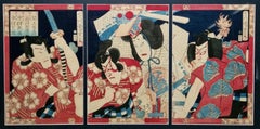 Morikawa Chikashige Japanese Kabuki Woodblock Print Oban Triptych