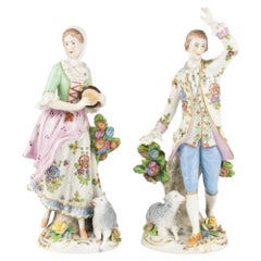 Pair of Crowned N Porcelain Pastoral Figurines, Shepherd and Shepherdess