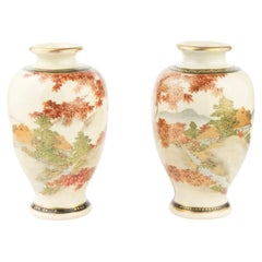 Pair of Japanese Satsuma Earthenware Miniature Vases, Landscape & Maples