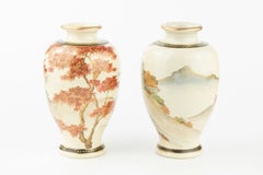 Pair of Japanese Satsuma Earthenware Miniature Vases, Landscape & Maples