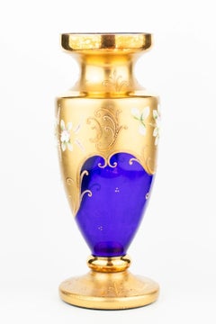 Bohemian Gilded Cobalt Blue Glass Vase with Enamelled Florals