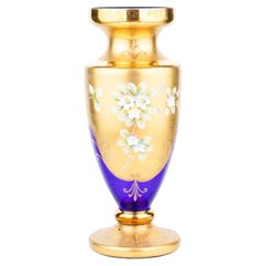 Bohemian Gilded Cobalt Blue Glass Vase with Enamelled Florals