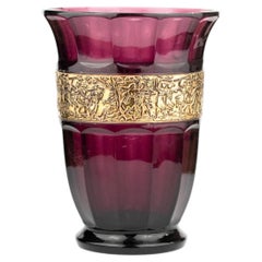 Walther & Söhne Art Deco Amethyst Glass Vase with Gilt Frieze