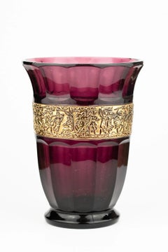 Walther & Söhne Art Deco Amethyst Glass Vase with Gilt Frieze
