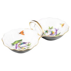 Herend Hand-Painted Porcelain Double Salt Dish with Birds and Insects