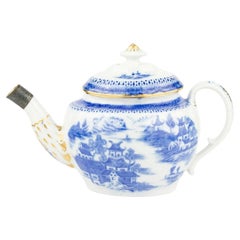 Antique Blue and White Chinoiserie Teapot with Metal Spout Repair