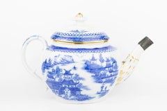 Antique Blue and White Chinoiserie Teapot with Metal Spout Repair
