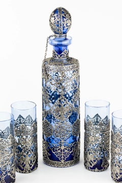 Cobalt Blue Glass Liqueur Decanter Set with Silver-Plated Filigree Overlay