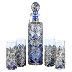 Cobalt Blue Glass Liqueur Decanter Set with Silver-Plated Filigree Overlay