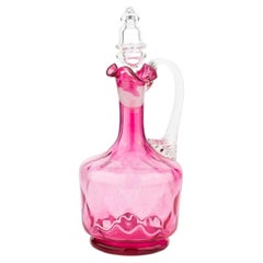 Cranberry Glass Decanter Jug with Clear Reeded Handle and Stopper