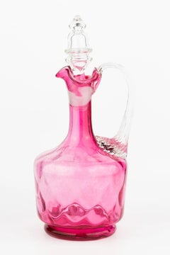 Cranberry Glass Decanter Jug with Clear Reeded Handle and Stopper