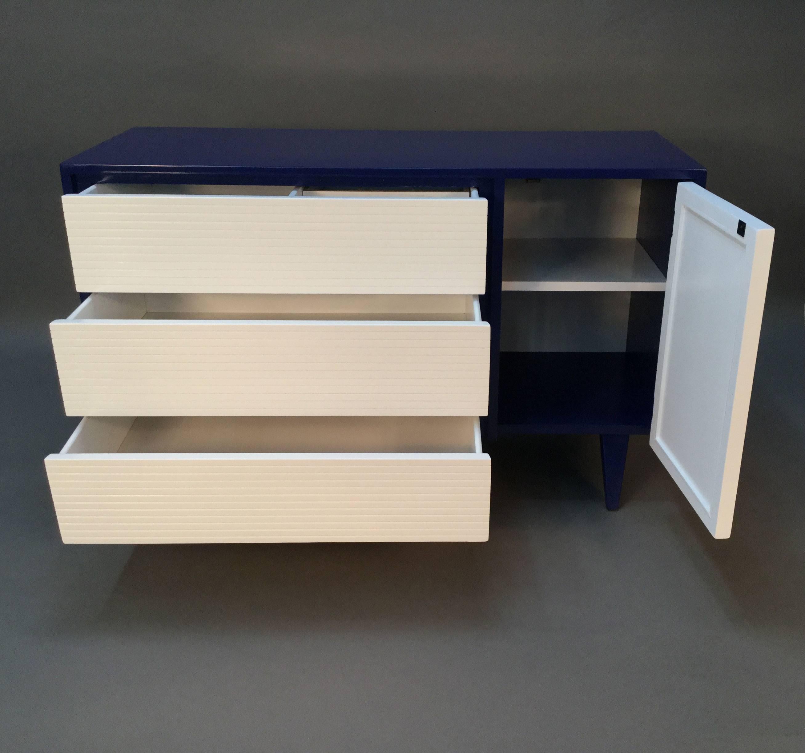 Mid-Century Modern Lacquered Navy and White Chest and Cabinet For Sale