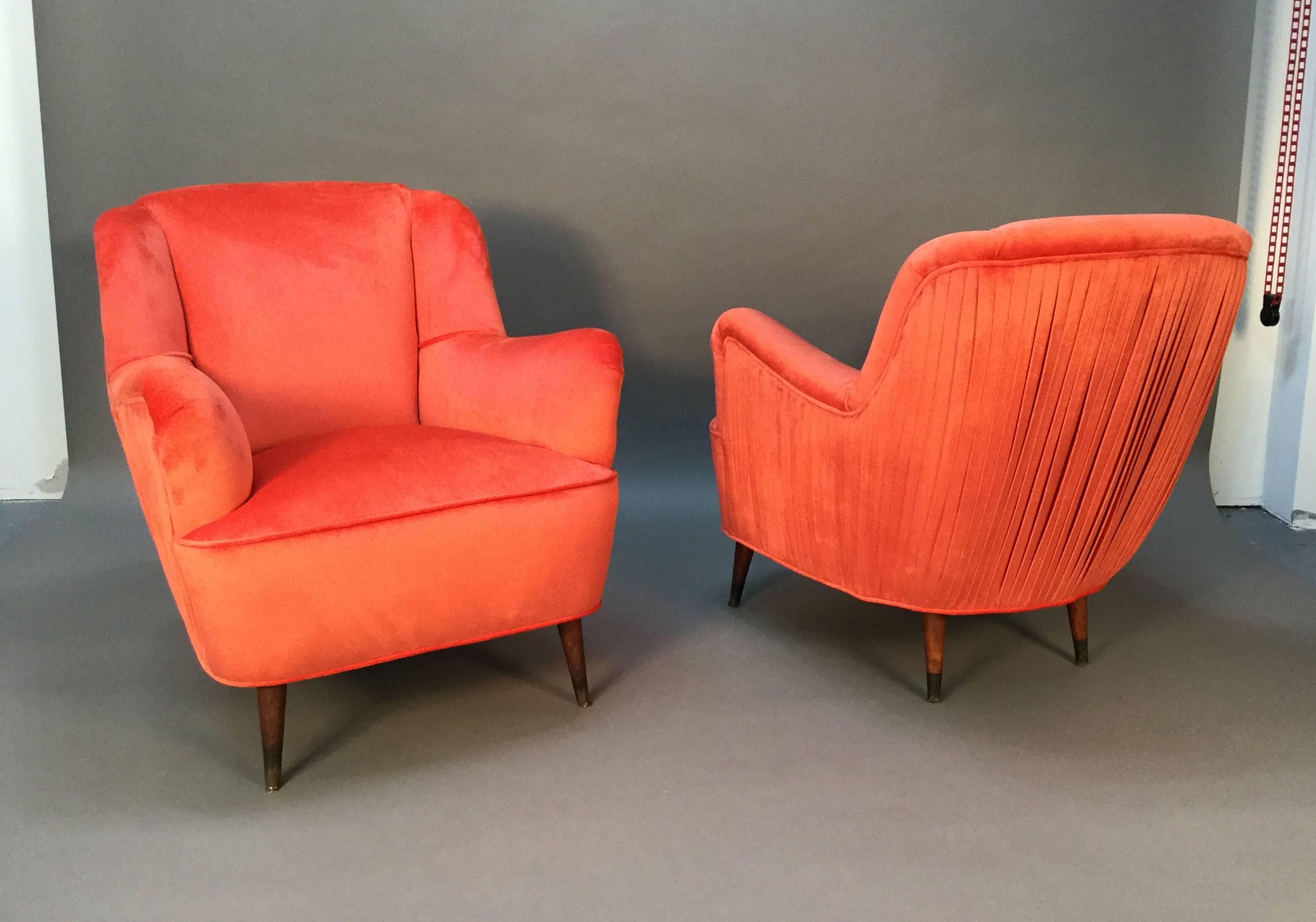 Pair of Velvet Pleated Back Italian Club Chairs in New Upholstery 1