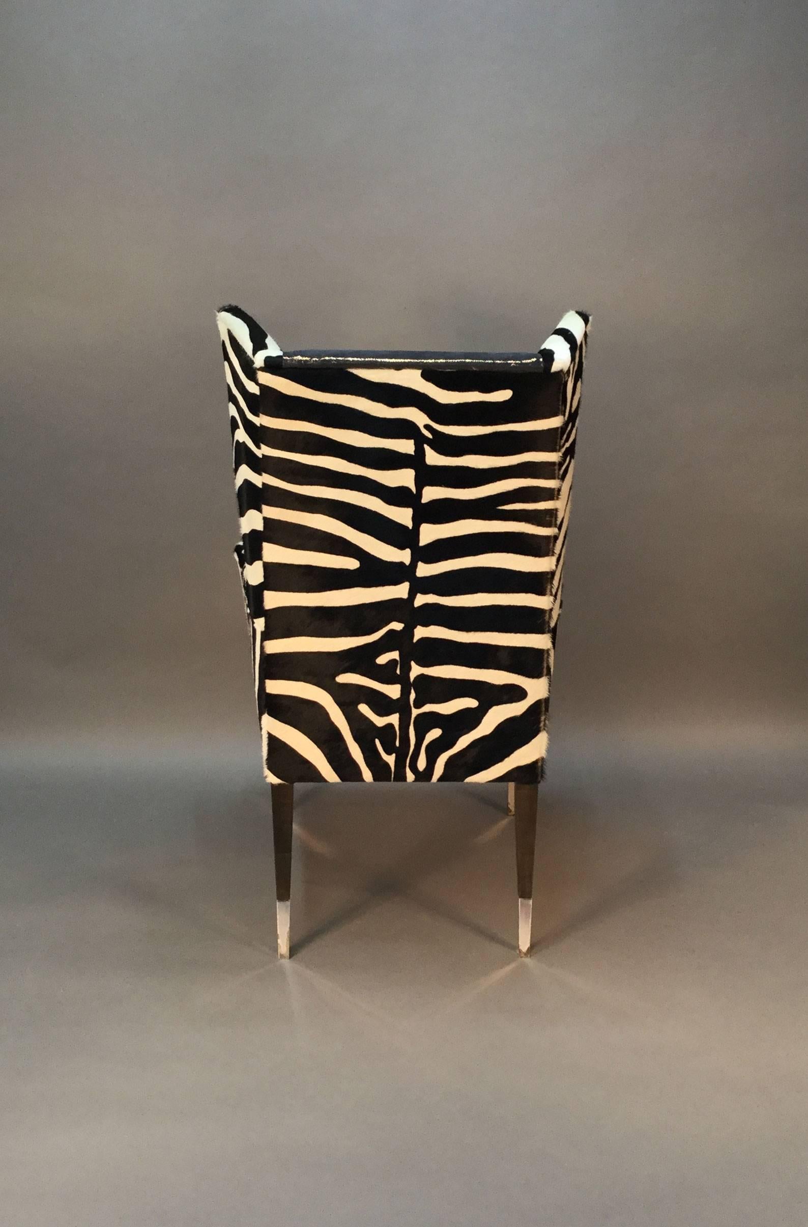 American Pair of Modern Wingback Chairs in Zebra Printed Cowhide and Faux Shagreen