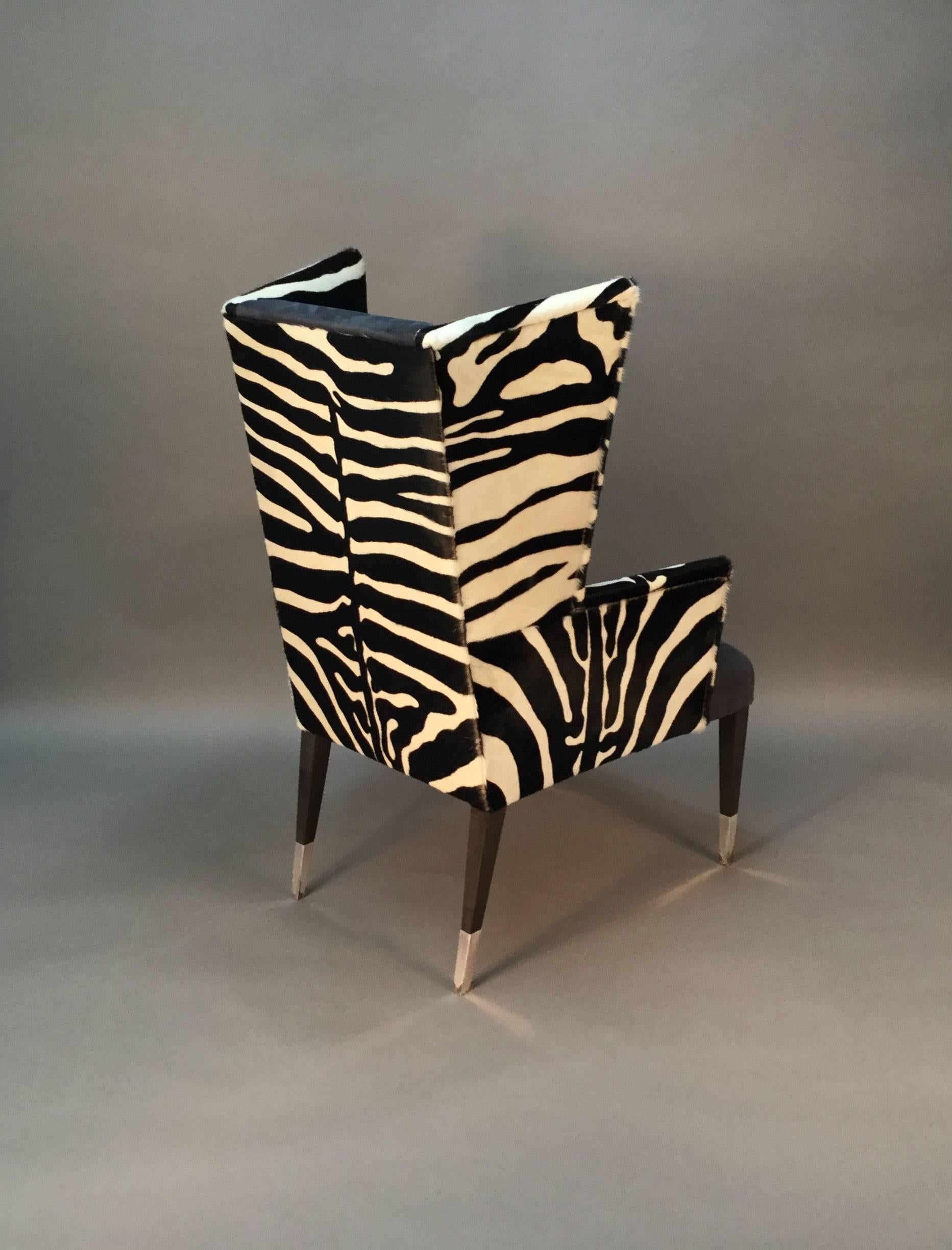 Pair of Modern Wingback Chairs in Zebra Printed Cowhide and Faux Shagreen In Excellent Condition In Bridport, CT