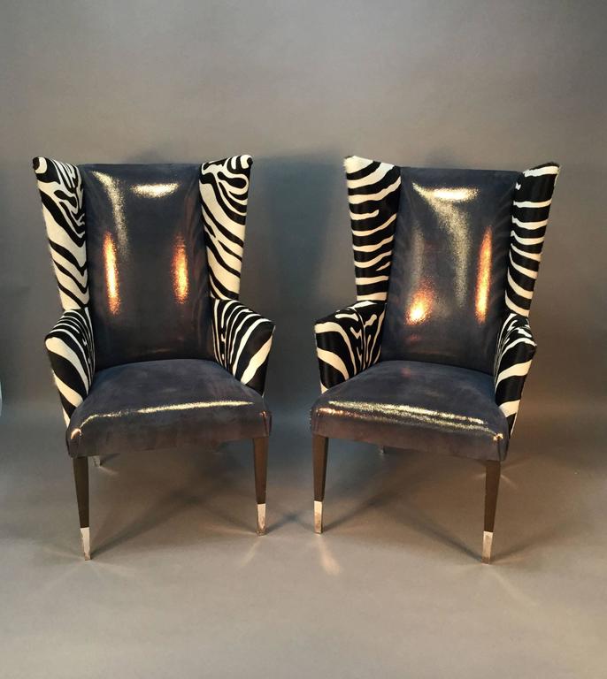 Pair Of Modern Wingback Chairs In Zebra Printed Cowhide And Faux This Is An Amazing Pair Of Wingback Chairs By Sally Sirkin Lewis For J Robert