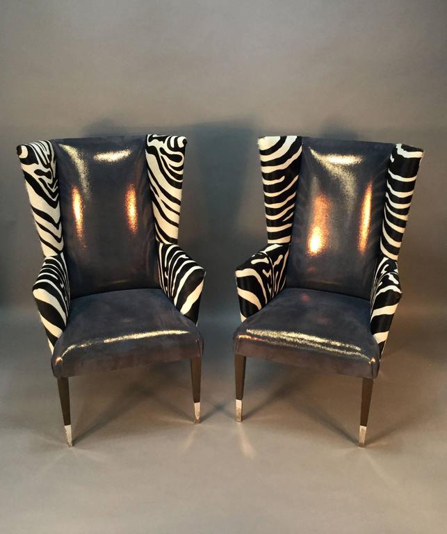 Pair of Modern Wingback Chairs in Zebra Printed Cowhide and Faux